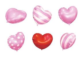 A set of heart-shaped balloons in different angles and patterns, including pink, red vector