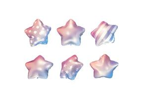 A set of pink and blue gradient star balloons with different angles and patterns vector