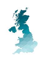 isolated illustration icon with simplified blue silhouette of United Kingdom of Great Britain and Northern Ireland, UK map. Polygonal geometric style. White background. vector