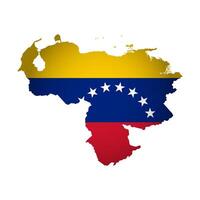 aislado ilustración con bolivariano nacional bandera con forma de Venezuela mapa simplificado. volumen sombra en el mapa. blanco antecedentes vector