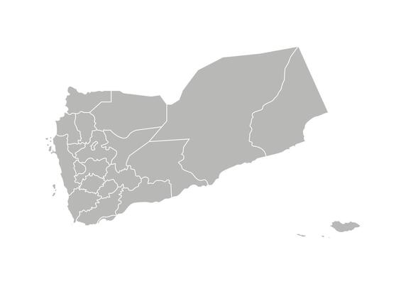 isolated illustration of simplified administrative map of Yemen. Borders of the regions, governorates. Grey silhouettes. White outline