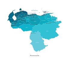 isolated illustration. Simplified administrative map of Venezuela. Blue shapes, white background and outlines. Names of Venezuelan cities and states vector