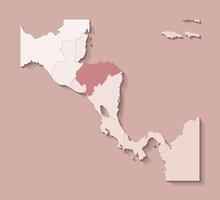 illustration with Central America land with borders of states and marked country Honduras. Political map in brown colors with regions. Beige background vector