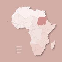 ilustración con africano continente con fronteras de todas estados y marcado país república de el Sudán. político mapa en marrón colores con occidental, sur y etc regiones. beige antecedentes vector