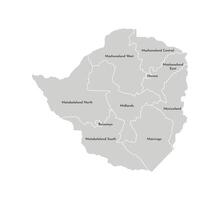 isolated illustration of simplified administrative map of Zimbabwe. Borders and names of the provinces, regions. Grey silhouettes. White outline vector