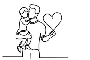 continuous one black line drawing father and son playing together and holding heart shape doodle father day concept on white background vector