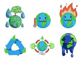 earth with climate change, cartoon illustration set vector