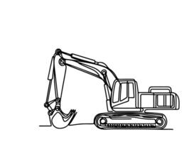 continuous one black line hand drawing excavator car outline doodle illustration vector