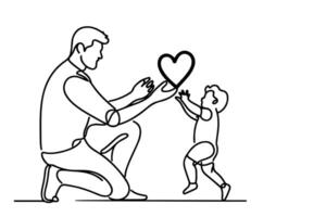 continuous one black line drawing father and son playing together and holding heart shape doodle father day concept on white background vector