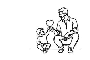 continuous one black line drawing father and son playing together and holding heart shape doodle father day concept on white background vector