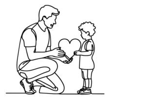 continuous one black line drawing father and son playing together and holding heart shape doodle father day concept on white background vector