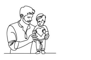 continuous one black line drawing father and son playing together and holding heart shape doodle father day concept on white background vector