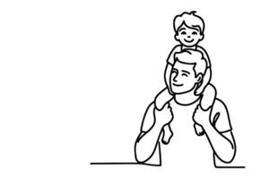 continuous one black line drawing father and son playing together and holding heart shape doodle father day concept on white background vector