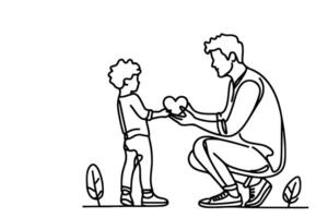 continuous one black line drawing father and son playing together and holding heart shape doodle father day concept on white background vector