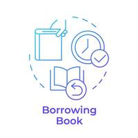 Book borrowing blue gradient concept icon. Lending services, resource sharing. Reading culture. Round shape line illustration. Abstract idea. Graphic design. Easy to use in infographic, blog post vector