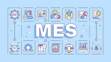 MES turquoise word concept. Manufacturing automation. Planning systems, real time monitoring. Typography banner. Illustration with title text, editable icons color vector