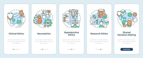 Specific areas within bioethics onboarding mobile app screen. Walkthrough 5 steps editable graphic instructions with linear concepts. UI, UX, GUI template vector