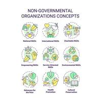 Non-governmental organizations multi color concept icons. Fighting for human rights. Social justice. Humanitarian aid. Icon pack. Round shape illustrations. Abstract idea vector
