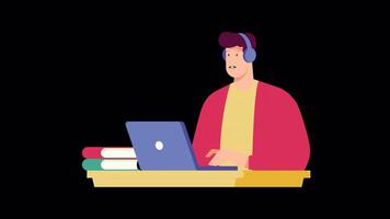 2d tekenfilm animatie van een karakter aan het leren online Aan een transparant alpha kanaal 4k video