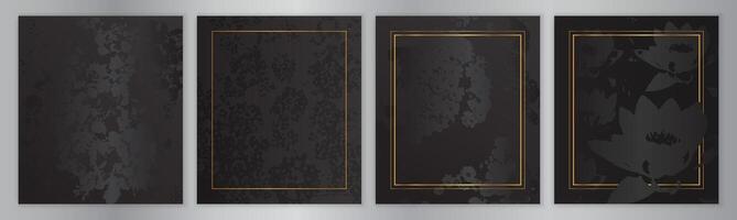 Elegant Black Floral Background Collection. Flower Texture Set with Gold Frame vector