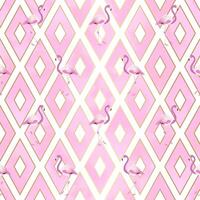 Pink Flamingo Seamless Pattern with Geometric Rhombus Shapes and White Background and Gold Details vector