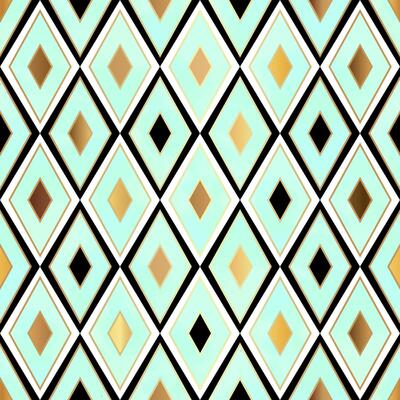 Light Green and Gold Elegant Seamless Pattern with Geometric Rhombus Shapes