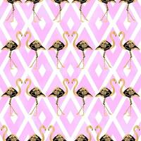 Gold Flamingo Seamless Pattern with Pink Geometric Rhombus Shapes vector