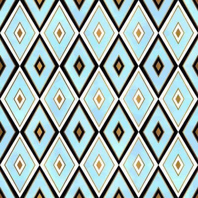 Classic Turquoise and Gold Elegant Seamless Pattern with Geometric Rhombus Shapes and Black Details