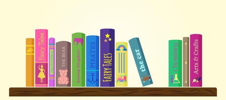Books Illustration Design for Children. Kids Bookshelf or Bookcase with Book Literature Banner Background vector