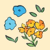 naranja y azul flores con verde hojas garabatear grunge texturizado estilizado ilustración aislado en cuadrado naranja antecedentes. sencillo plano vistoso dibujos animados bosquejo estilo dibujo. vector