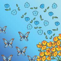 Butterfly and flowers illustration drawing isolated on square gradient blue background. Simple flat colorful cartoon sketch style drawing. vector