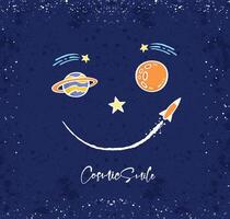 dibujos animados estilo ilustración de planetas, estrella y cohete formando un sonrisa en espacio. vector