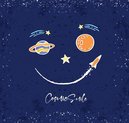 Cartoon style illustration of planets, star and rocket forming a smile in space.