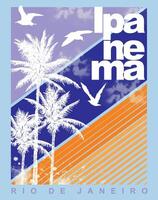 Colorful illustration of coconut tree silhouette in composition with stripes and text related to Ipanema beach, Rio de Janeiro, Brazil. vector