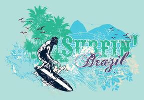 Illustration of surfer silhouette with flowers and mountain in the background. Art alluding to surfing in the city of Rio de Janeiro, Brazil. vector