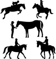 conjunto de caballo y mujer jockey actitud siluetas vector