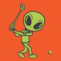 Alien Icon - a cute alien hitting golf ball flat design on a Red background vector