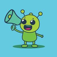a cute sci-fi alien with a megaphone flat icon illustration vector
