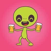 illustration of a cute alien beer lover flat icon concept vector