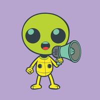 un gracioso extraterrestre con un megáfono plano icono ilustración vector