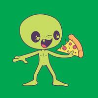 Alien Cartoon - a playful alien loves pizza illustration on a green background vector