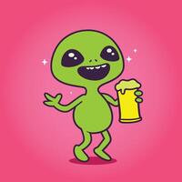 a cute green alien with a beer flat icon illustration vector