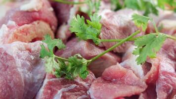 rotating chopped red meat on a chopping board video