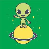 Alien Icon - a cute alien standing on a planet illustration on a Green background vector