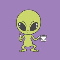 alien drinking hot coffee with a cigarette illustration vector