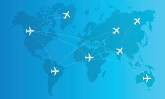 the airplane on the world map route for travel vector