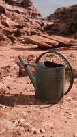 Beverage can in sand and rocks desert video