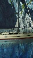 vit yacht förankrad i en vik med steniga klippor video