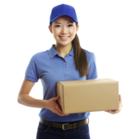 Smiling Delivery Woman in Blue Uniform Presenting a Package Indoors png