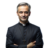 confiante sacerdote sorridente com braços cruzado dentro estúdio retrato png